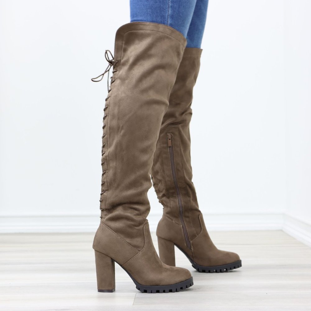 Lace-Up Back Taupe Faux Suede Thigh High Over The Knee Lug Block Heeled Boot - Picture 5 of 14